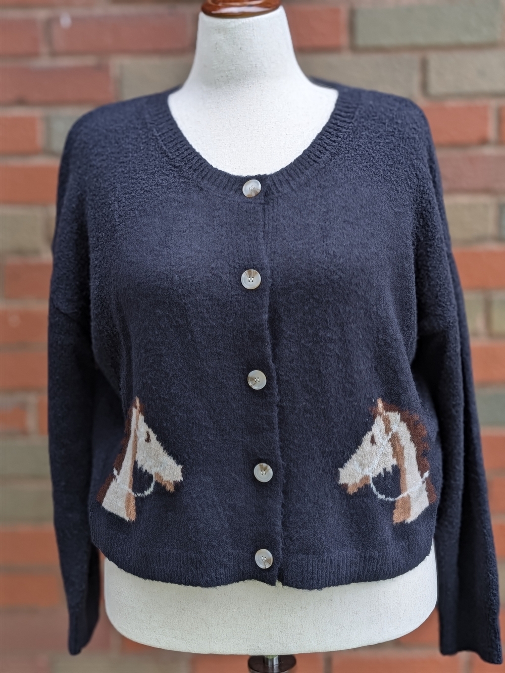 Vigoss Navy Button-Front Cardigan with Horse Intarsia